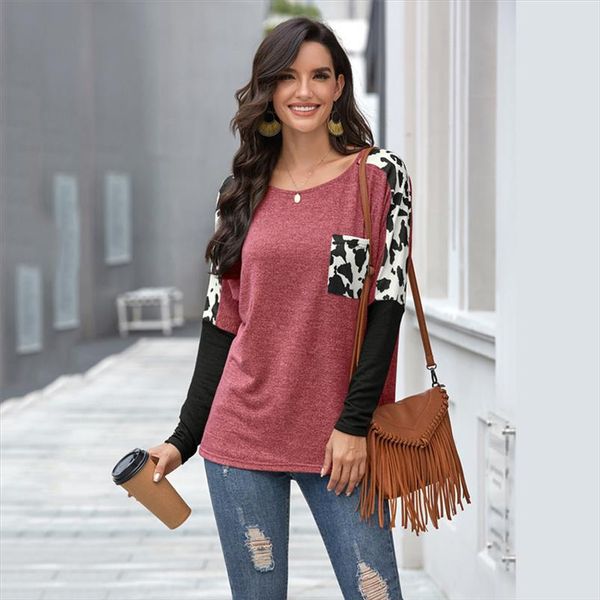 

cow stripes print o neck 2020 autumn patchwork t shirts women casual loose pockets clothing vetement femme bottoming tees, White