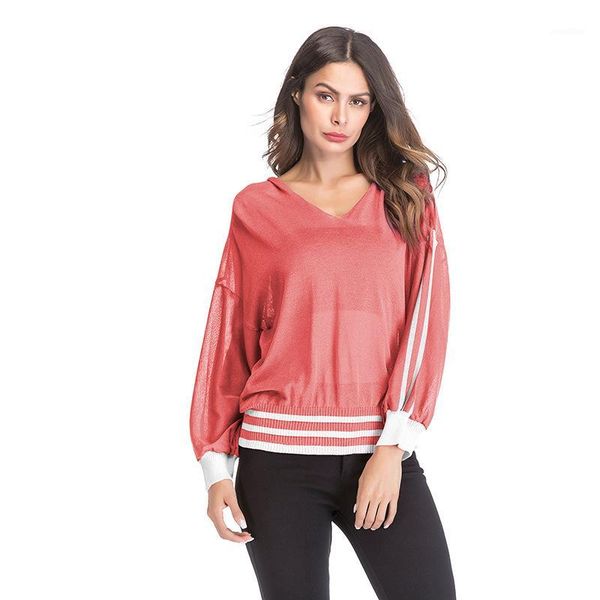 

autumn pink sweater women hooded hat hollow out fluoroscopy striped v-neck long sleeve loose white pullovers ladies1, White;black