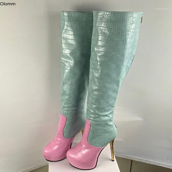 

boots olomm handmade women platform knee high stiletto heels round toe gorgeous green club wear shoes us size 5-201, Black