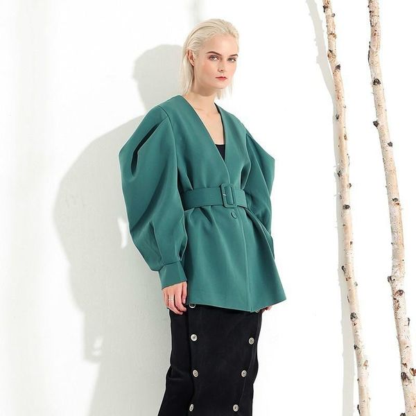 

women's jackets 2021 spring autumn clothing v-collar long batwing sleeve fold split joint green loose bandage jacket women coat fashion, Black;brown