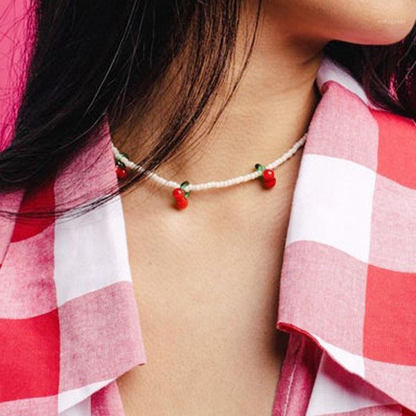 

chokers 2021 korean sweet red cherry necklace natural freswater pearl fashion choker women holiday jewelry gifts accessories1, Golden;silver