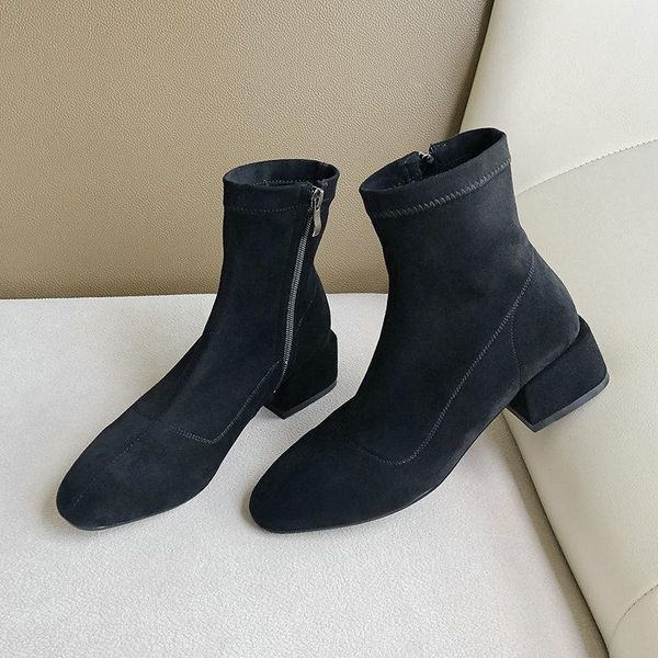 

2020 new zipper autumn winter flock concise women boots round toe fashion square high heel ankle boots size 34-43, Black