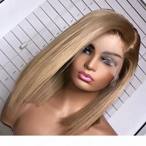 

blunt cut bob blonde silky straight human hair 13x4 lace front wigs for women ombre blonde transparent 150density remy, Black;brown