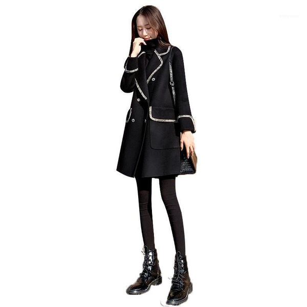 

autumn winter women's woolen coat mid-length new double breasted black loose and thin woolen jacket fashionrend overcoat a961