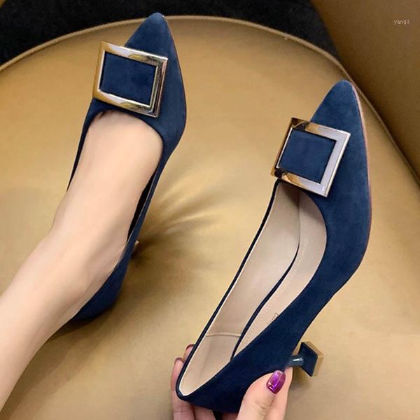 

dress shoes metal square buckle work for women plus size 36-45 thin high heels 2021 chic pointed toe office woman pumps1, Black