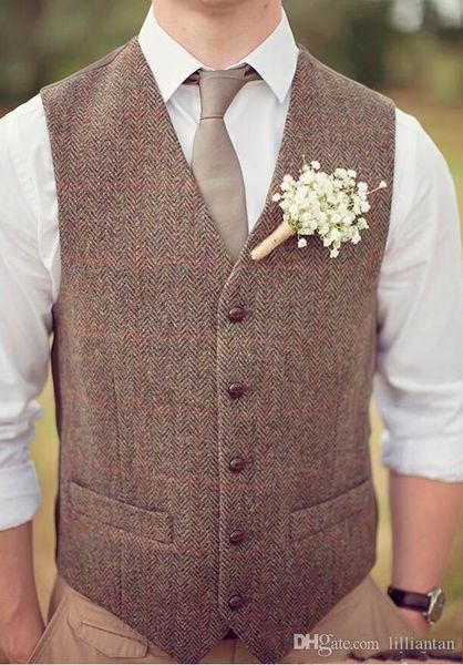 Country Farm Hochzeit Brown Tweed Bräutigam Westen Fischgrätenwolle Slim Fit Ehere Weste Anzug Goomsmen Westen Hochzeitsanzug angepasst 321l