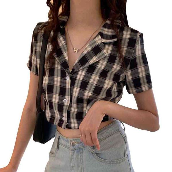 

fashion women blouse plaid summer fashion turn-down collar v neck plaid short sleeve shirt crop clothing, White