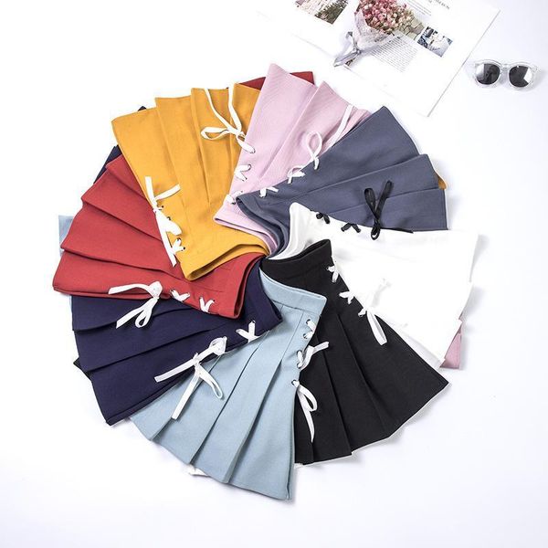 

preppy style pleated skirt female lace up short mini skirt jupe femme high waist skirts womens harajuku dance c61201, Black