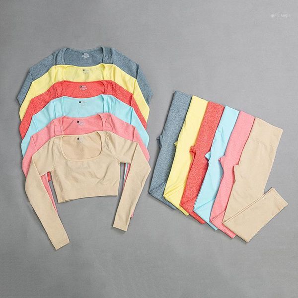 

yoga outfits set women seamless long sleeves high waist leggings fitness sport gym suits tight workout pants outwear suit1, White;red