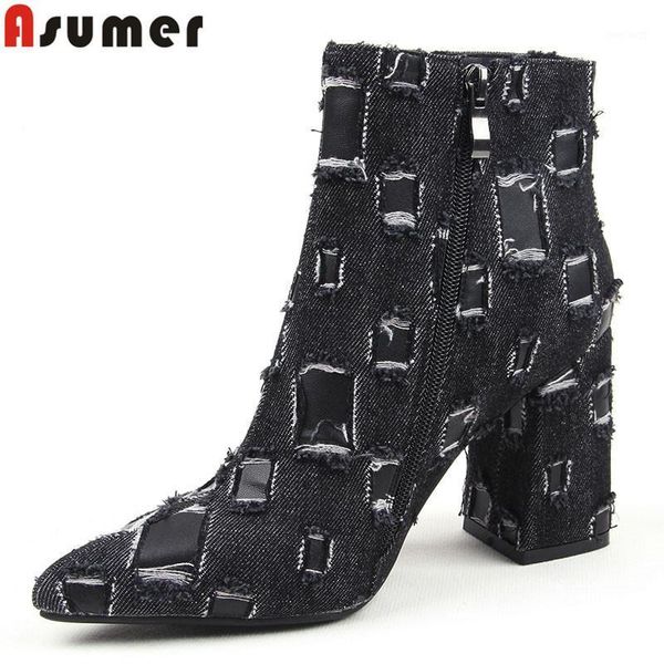 

asumer fashion new ankle boots for women pointed toe zip denim elegant prom high heels boots women autumn winter big size1, Black