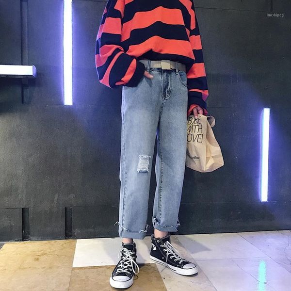 

summer new jeans men slim fashion retro wash tear hole denim pants man streetwear wild hip hop tooling trousers male clothes1, Blue