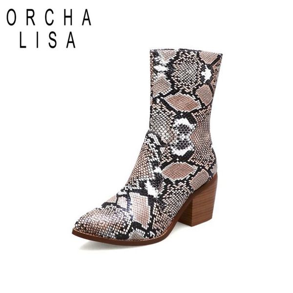 

orcha lisa genuine leather cowboy boots woman block low heel boots snake fall winter zipper bootie shoes botas mujer large size, Black