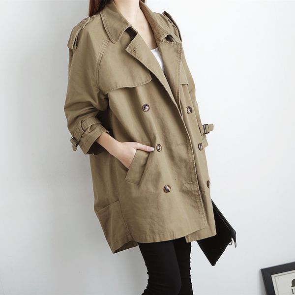 

2019 spring coat new women's trench loose casual medium long double breasted trenchcoats for women overcoats, Tan;black