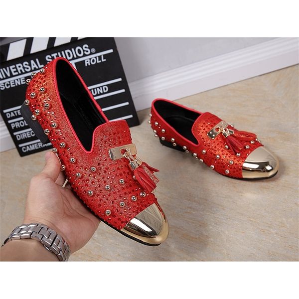 

2020 bling luxury band riveite crystal fringe metal toe round foot moccasins genuine leather shoes for man zapatos h88k, Black