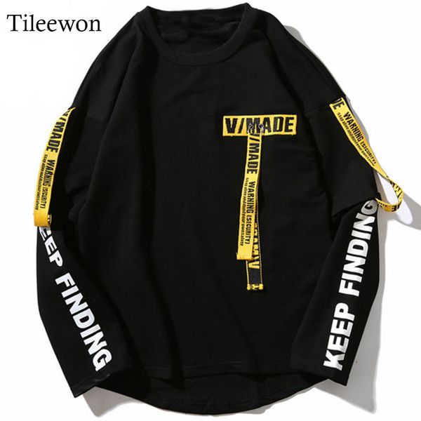 

2019 t-shirt streetwear men 3d shirt printing letter ribbon harajuku cotton long sleeve punk t shirt fashion casual tees, White;black