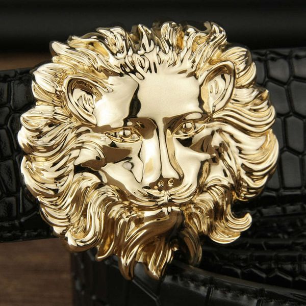 

lion head leather smooth buckle crocodile men's fashion korean social net red belt, Black;brown