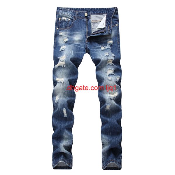 

november's new pierced jeans cotton straight fit fashion pants, Blue