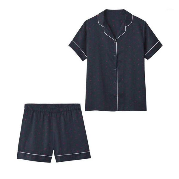 

2020 new love pajamas set ice silk satin fabric short-sleeved shorts pajamas set women1, Black;red