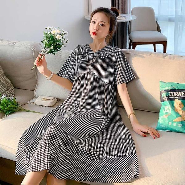 

203# maternity clothes summer cotton plaid short sleeve loose stylish dress for pregnant women mom dress1, White