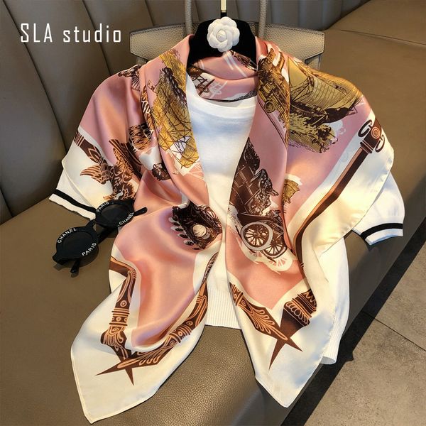 

hangzhou satin 90cm large square imitation silk women's versatile scarf spring and autumn winter shawl, Blue;gray