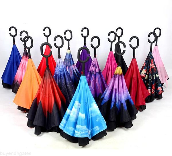 

windproof reverse folding double layer inverted chuva umbrella self stand inside out rain protection c-hook hands 84 colors