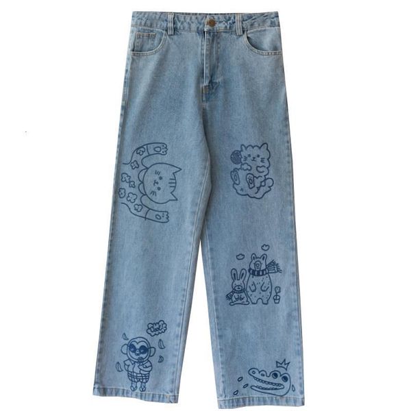 

2021 new fashion cotton female jeans curled high sweet baby embroidered girl puppy dog denim pants fwza, Blue