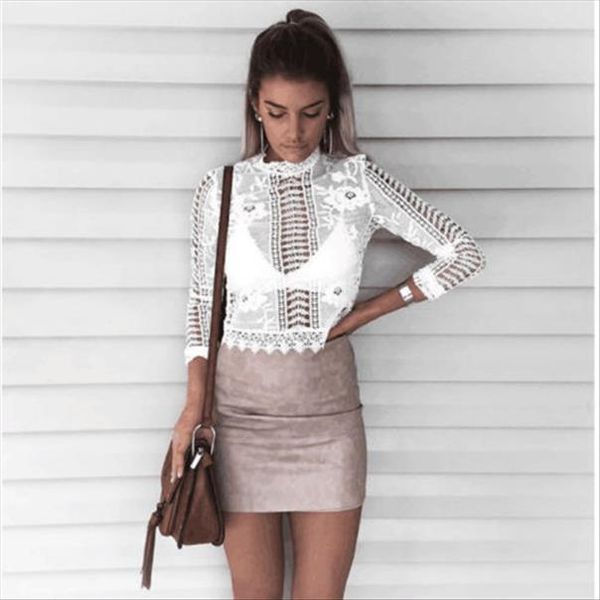 

fashion women summer loose long sleeve lace blouse ladies casual hollow out shirt, White