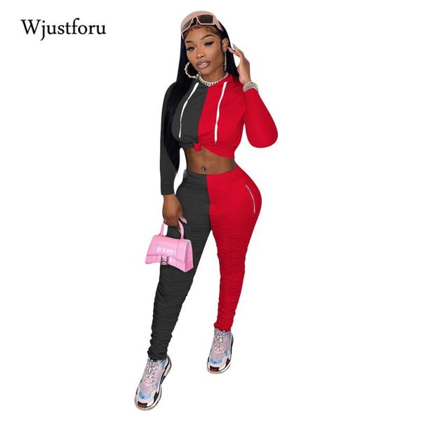 

wjustforu two piece set women outfits panelled hooded crop high waist zipper stacked sweat pants leggings matching sets, Gray
