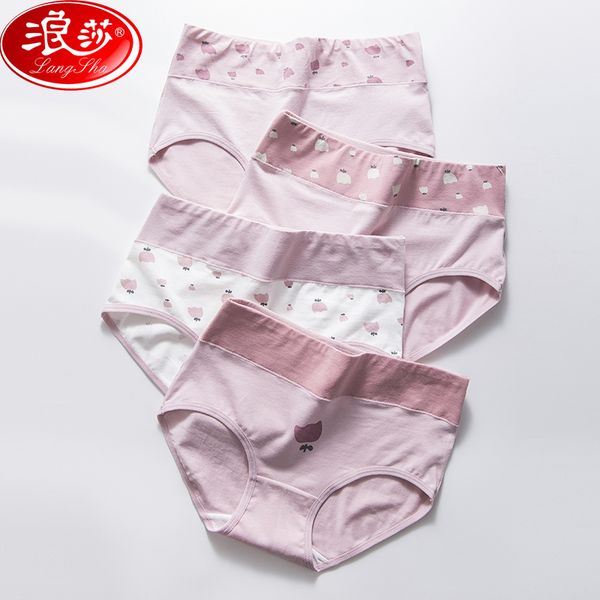 

langsha 4pieces panties women cotton high waist slimming underwear lovely print seamless briefs breathable girls underpants 201112, Black;pink