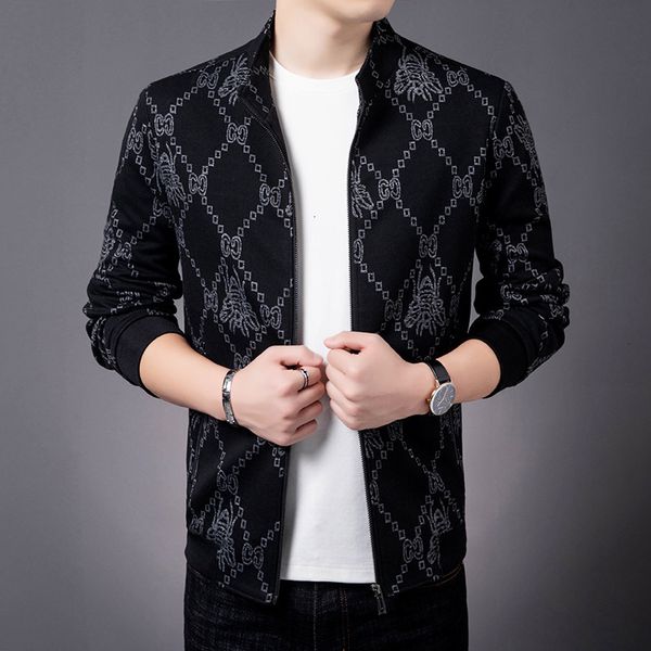 

2020 winter new trend men's zipper placket plaid insect floral jacket stand collar, Black;brown