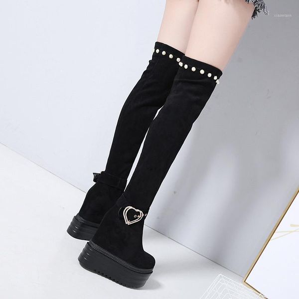 

winter new women's boots fashion suede 13 cm increase over the knee boots korean version of the thick bottom plus velvet1, Black