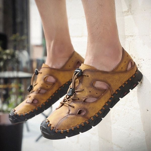 

man sandals breathable men fashion casual shoes casual genuine leather handmade sewing summer new outdoor beach shoes #t78z, Black