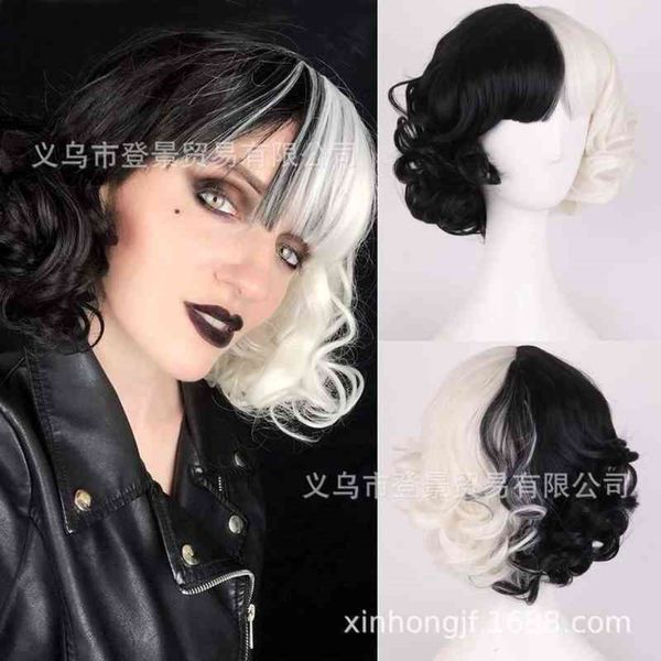 

new wig black witch kuira wig black and half white cos small short roll