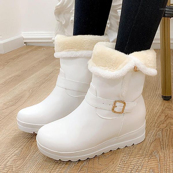 

big size 42 casual buckles mid heels cosy for walking in the snow cold winter keep warm fur calf boots shoes women1, Black