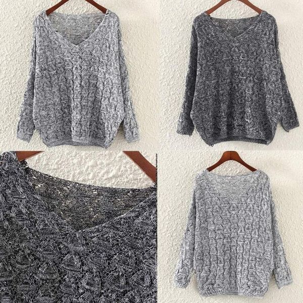 

women's hollow out bat long sleeve loose v collar sweater, White;black