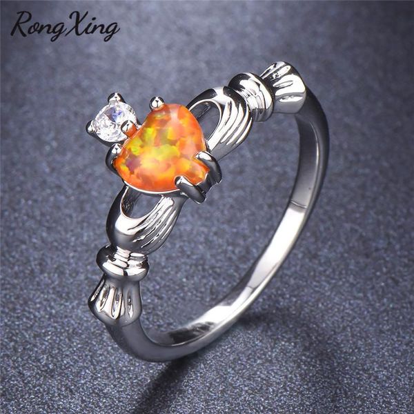 

rongxing charming orange fire opals heart birthstone claddagh rings for women white gold filled zircon wedding bands gift rp0187, Slivery;golden
