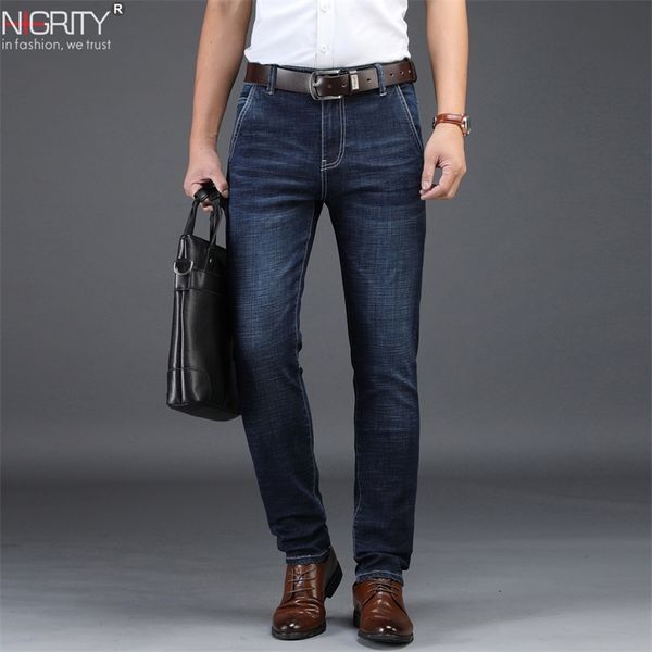

nigrity mens jeans business casual straight cut black & blue jeans stretch denim pants trousers classic plus big size 28-42 201223