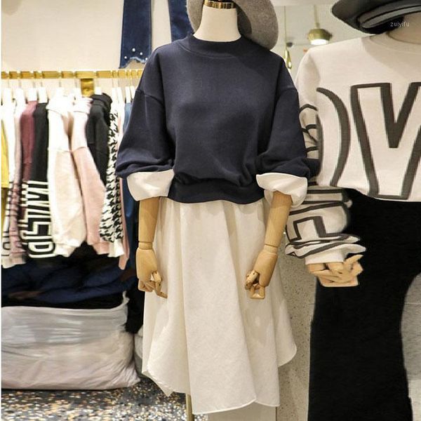 

korean 2018 new autumn patchwork women dresses vogue ladies long sleeve oneck fake two piece dress fashion casual loose vestidos1, White;black