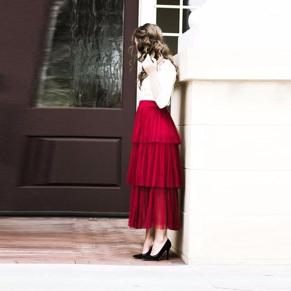 

burgundy long skirt high fashion faldas tutu skirt for party tiered custom ankle length woman maxi1, Black