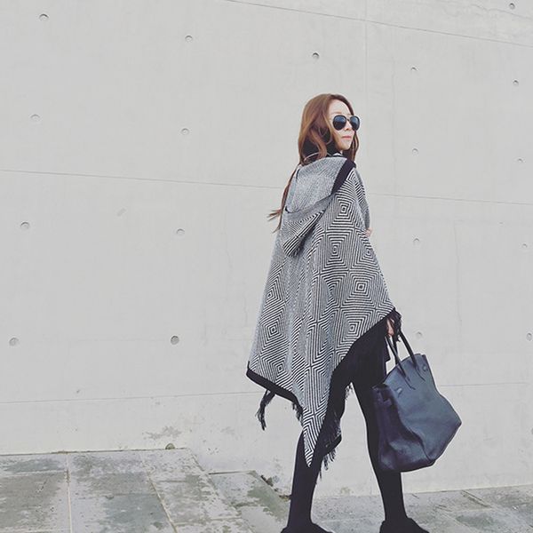 

extra large air-conditioned room shawl women's hooded split cape thickened long scarf autumn winter coat office, Blue;gray