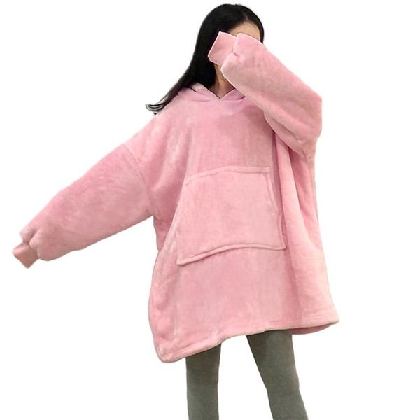 

winter women hoodies pocket tv blanket with sleeve hooded blanket sweatshirt fleece plush warm coral fleece moletom feminino, Black