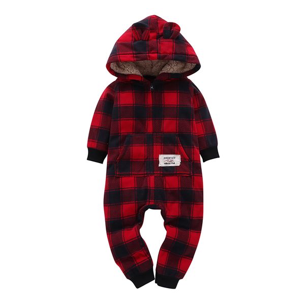 Малыш мальчик девушка с длинным рукавом с капюшоном с капюшоном комбинезон комбинезон красный плед новорожденный ребенок зимняя одежда унисекс новый рожденный костюм 201027