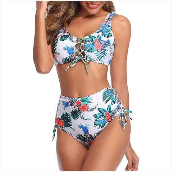 

high waist tether bikini womens push-up swimsuit printed girl beach bathing suits, White;black