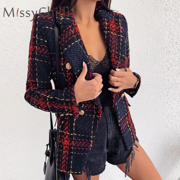 

missychilli tweed plaid office fashion blazer women buttons double-breasted female suit autumn winter warm long sleeve blazer, White;black
