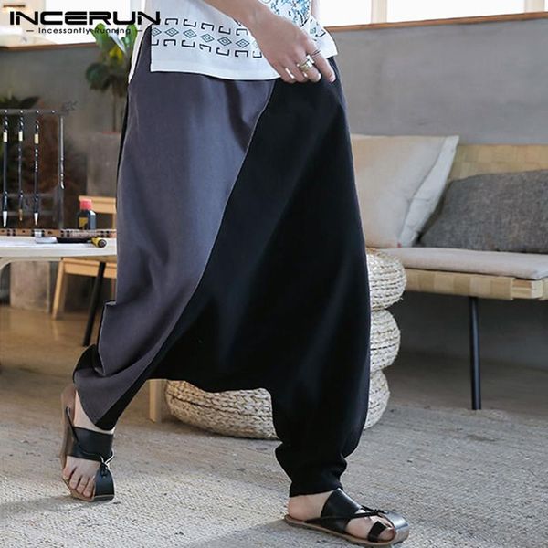 

men's pants incerun men harem patchwork elastic waist joggers retro baggy cotton trousers casual drop crotch streetwear 2021, Black