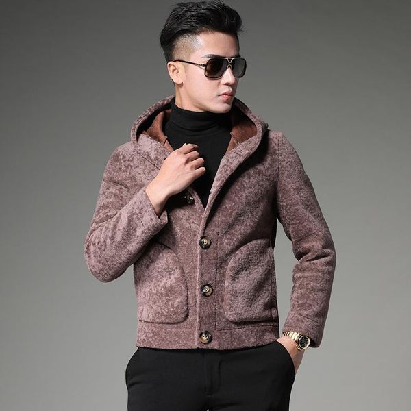 

men's leather & faux one male sheep sheared fur brief paragraph hooded man thick coat 100% wool, Black