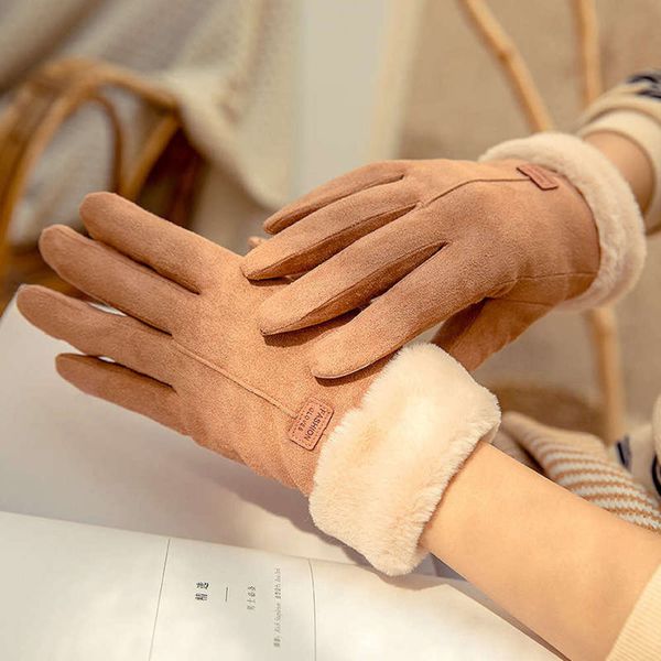 

suede ladies winter thickening warm gloves cycling autumn and winter cute cold proof touch screen leather gloves, Blue;gray