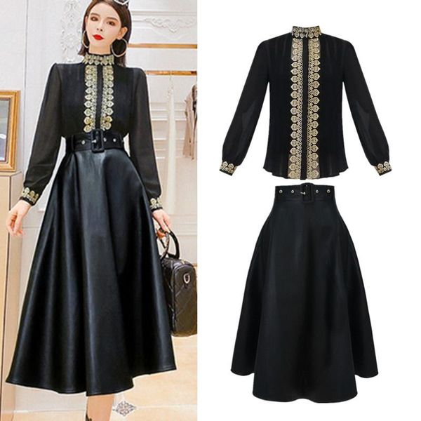 

with belt women autumn spring vintage golden embroidery blouses and pu long elegant skirts suit sets clothing set ns604, White