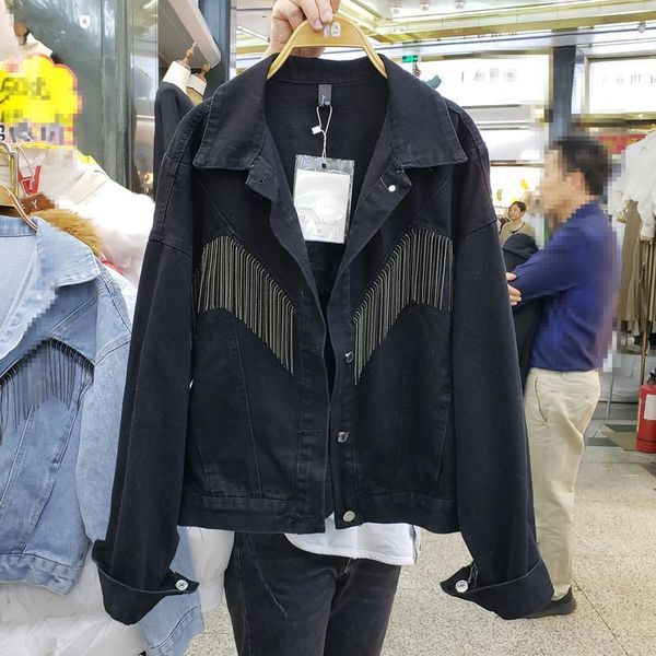 

2020 spring and autumn new korean fashion tassel denim jacket female loose thin personality single-breasted women black jacket1, Black;brown