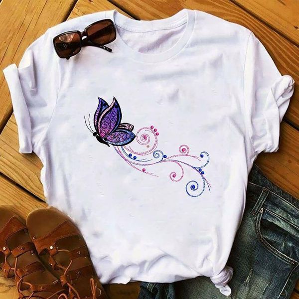 

summer new fashion cartoon butterfly print women t-shirt female casual cotton shirts ladies harajuku style short sleeve tee, White